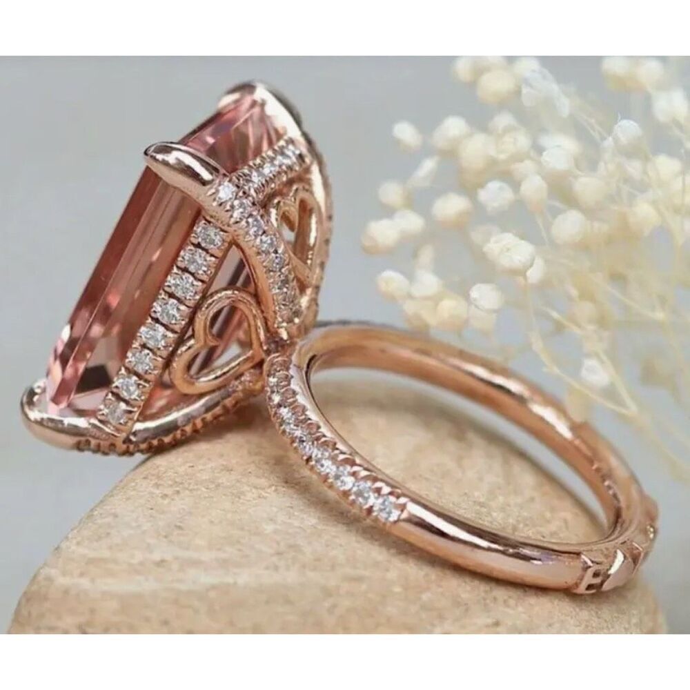 Beautiful Large Pink Stone in Rose Gold Setting with Rhinestones and “Love” Stam